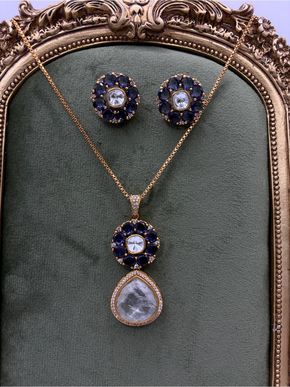 Gold-Tone Blue Crystal Pendant Necklace & Earring Set